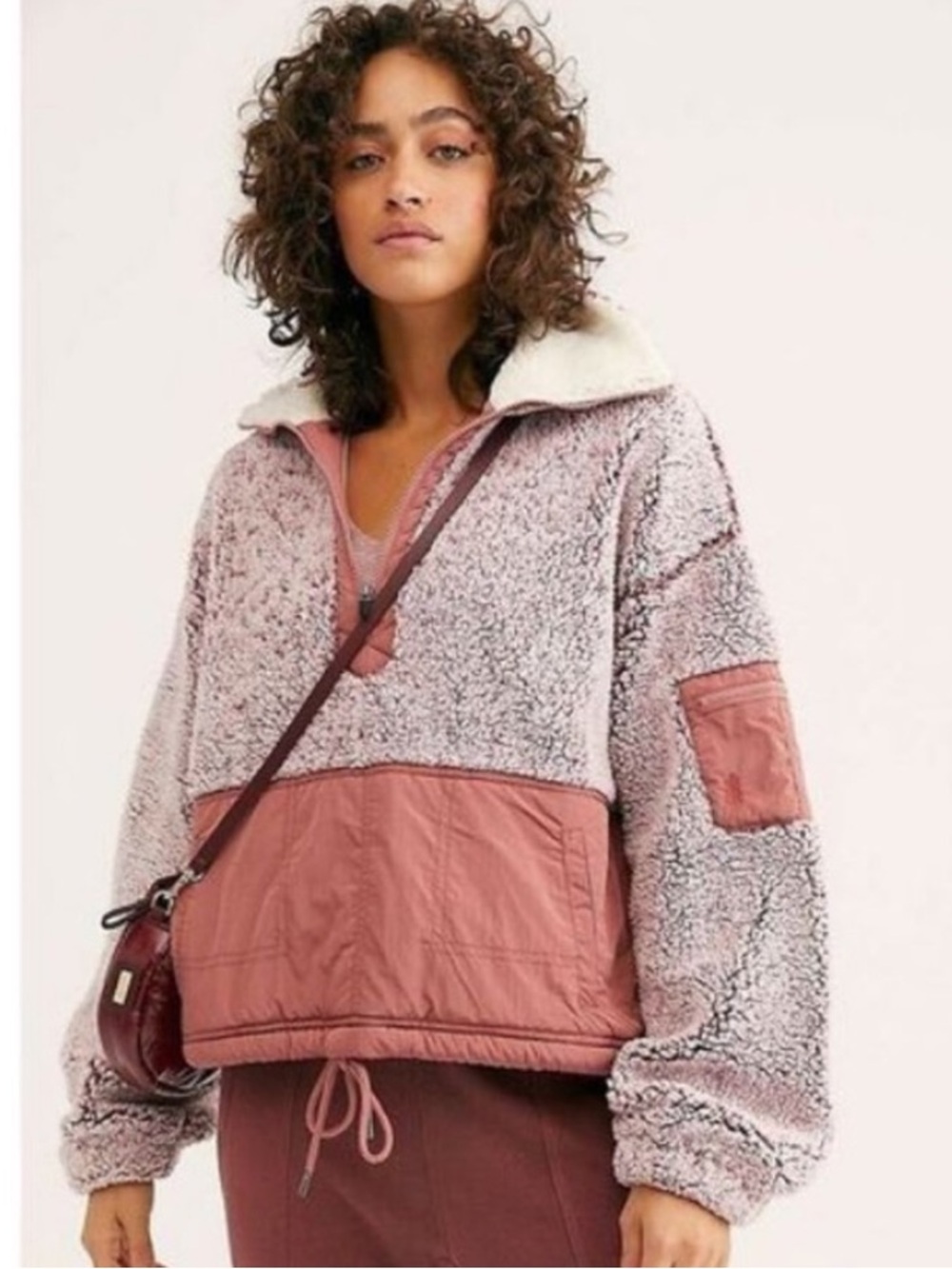 FP Movement by Free People Pink Sherpa Pullover with Rose Paneling